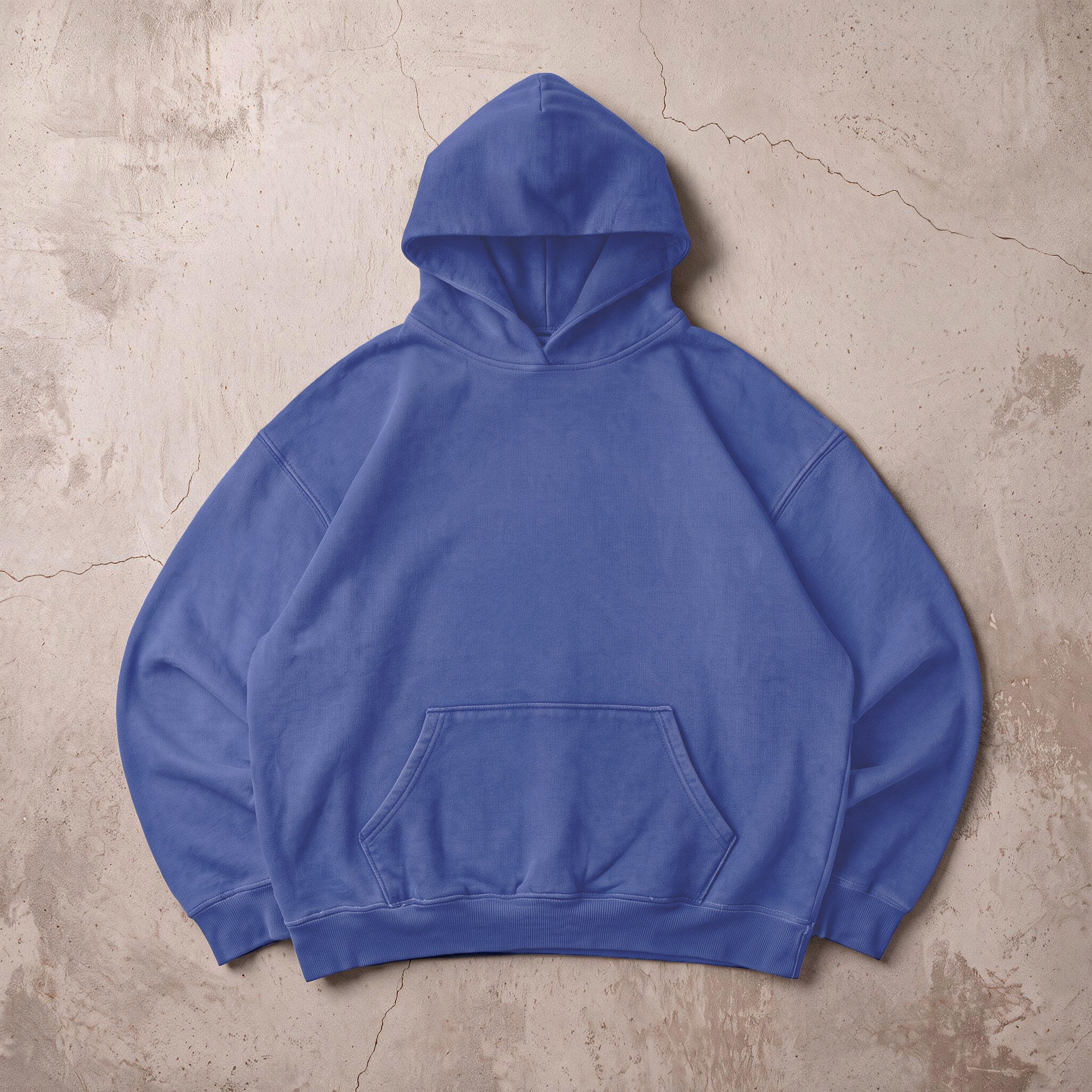 Cotton Collective Vintage Royal 11oz Oversized Hoodie, styled flat lay
