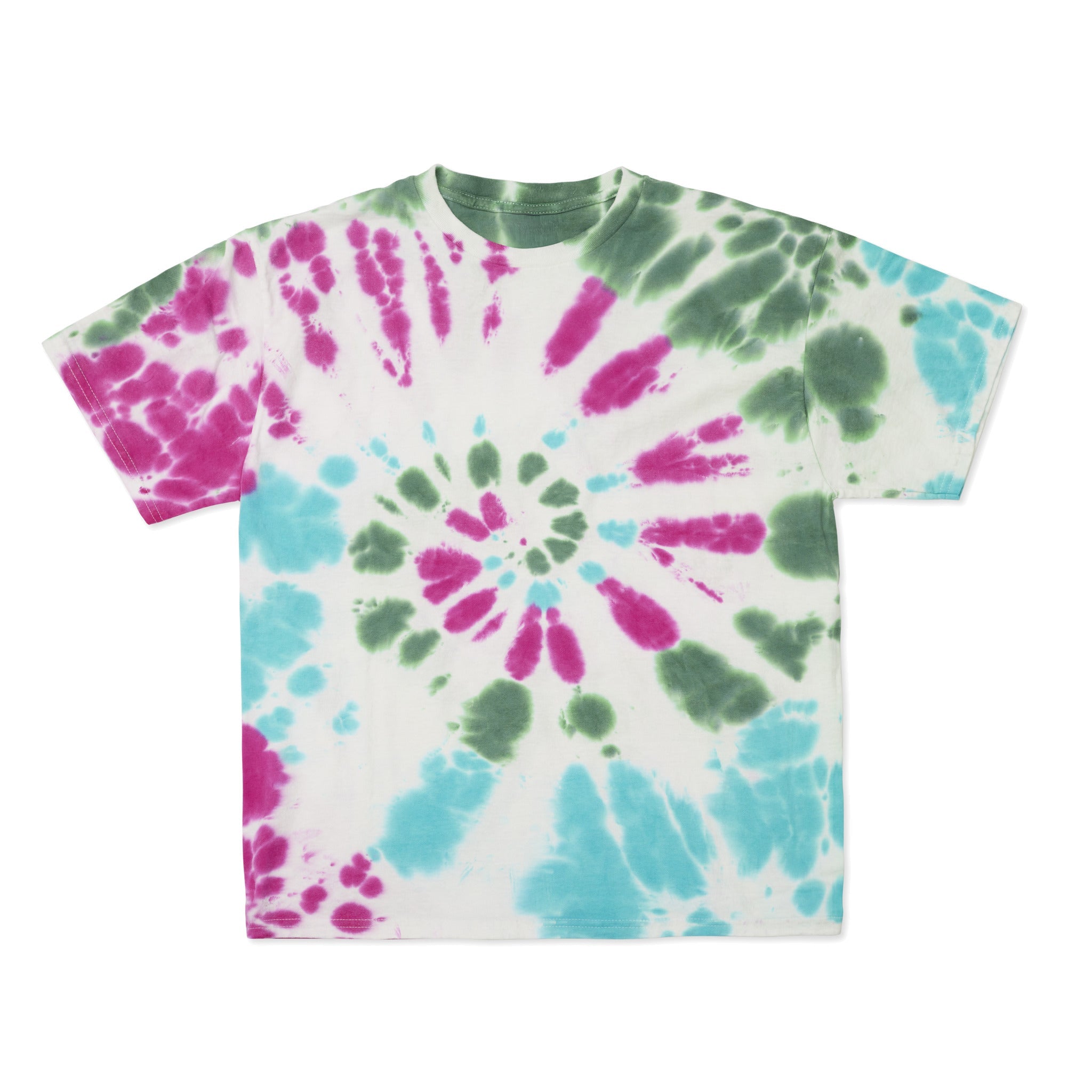 Cotton Collective Spiral Green Magenta Aqua Tour S/S Tee 6.0oz, flat lay
