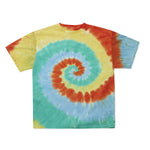 Cotton Collective Spiral Orange Yellow Green Blue Tour S/S Tee 6.0oz, flat lay