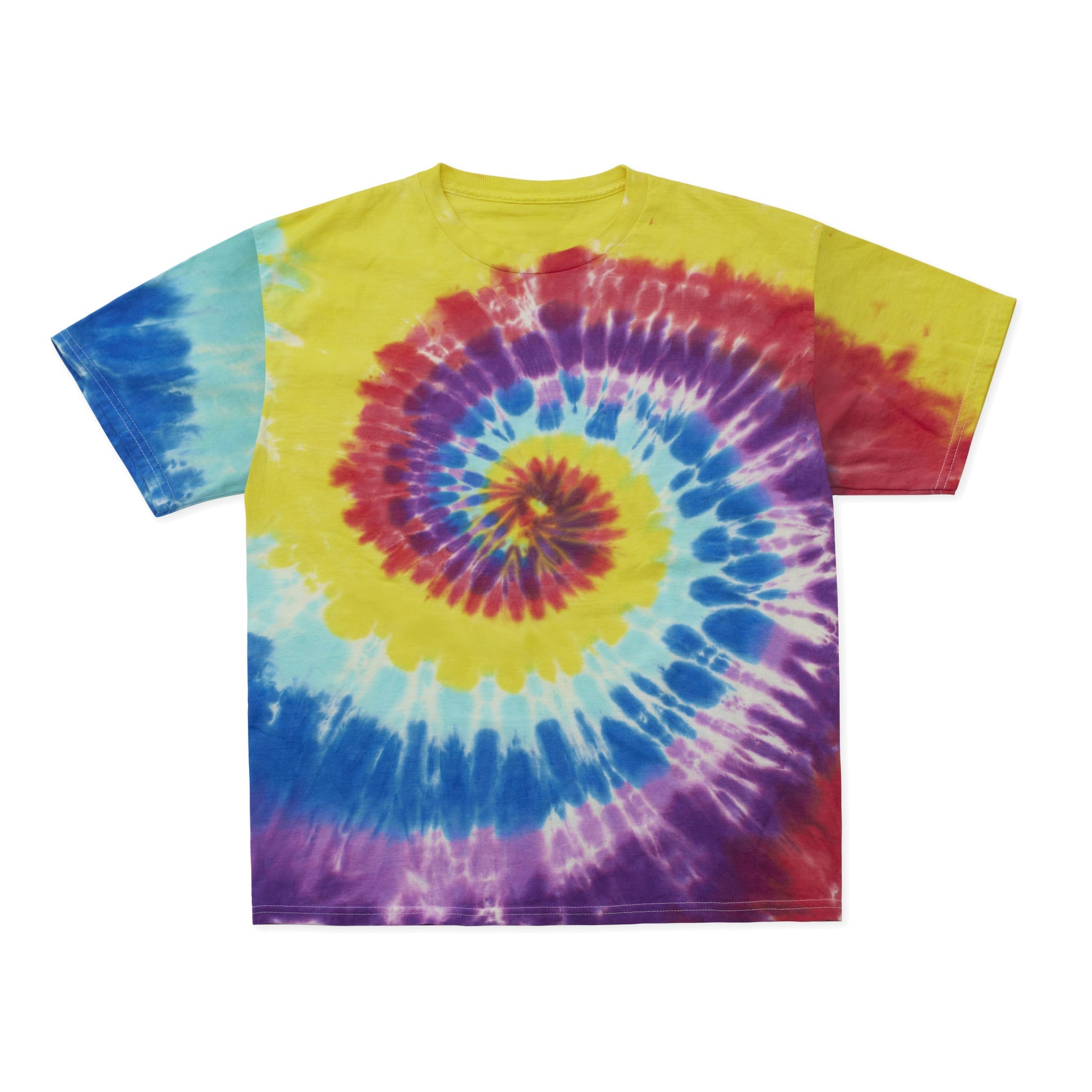 Cotton Collective Spiral Yellow Red Blue Purple Tour S/S Tee 6.0oz, flat lay