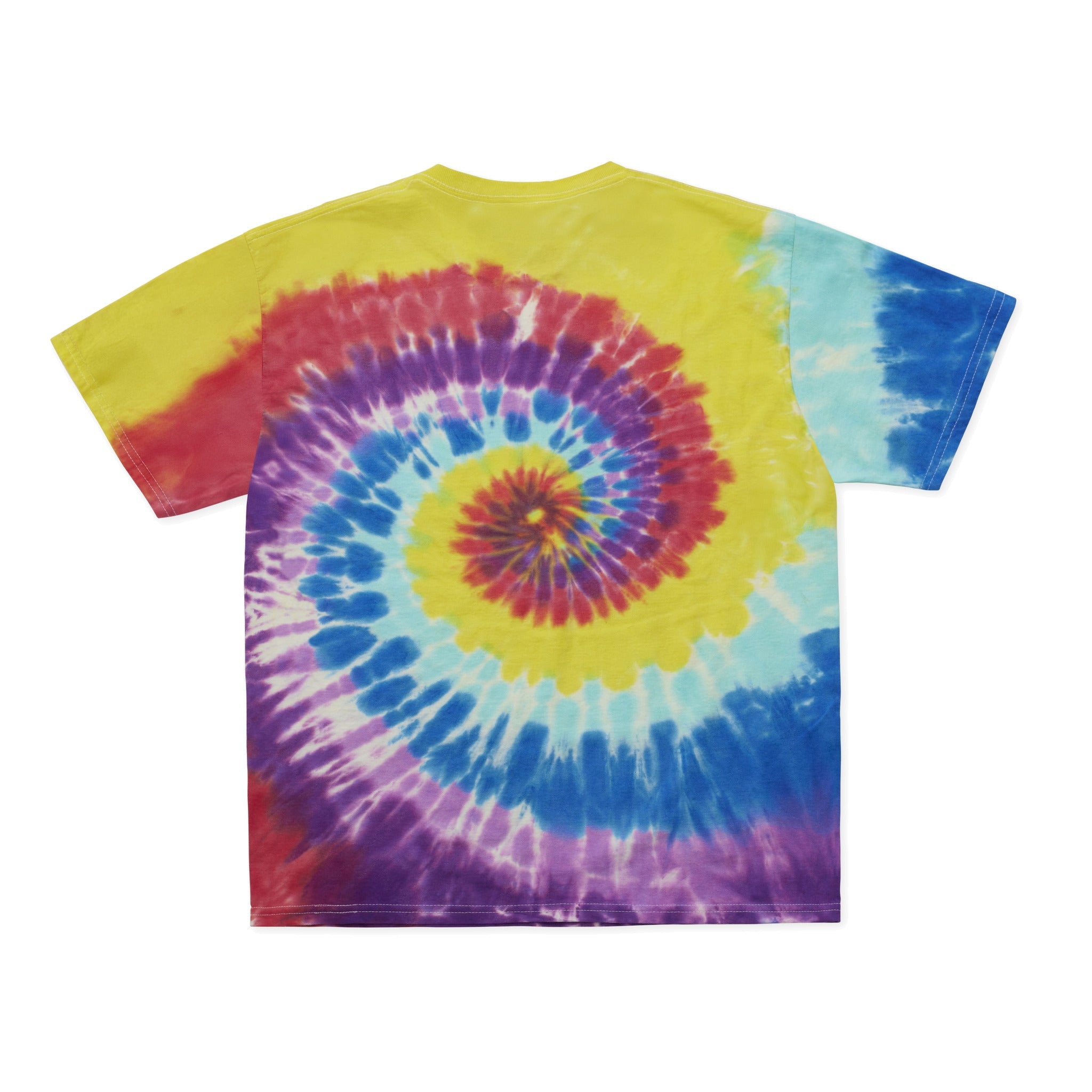 Cotton Collective Spiral Yellow Red Blue Purple Tour S/S Tee 6.0oz, flat lay