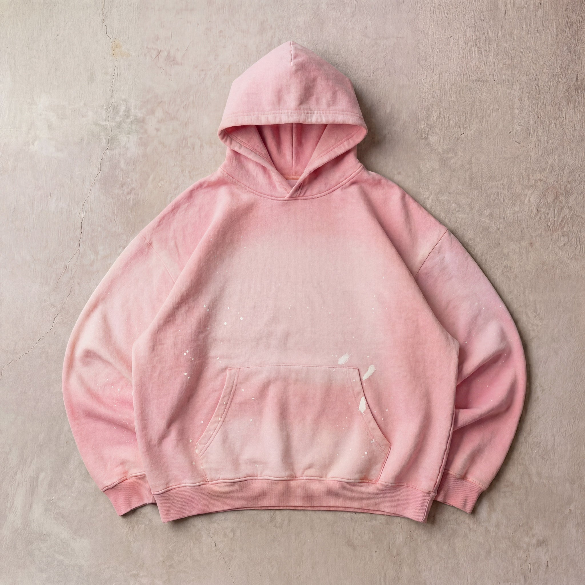 Cotton Collective Paint Vintage Rosa Special Hoodie 14oz, laid flat on concrete